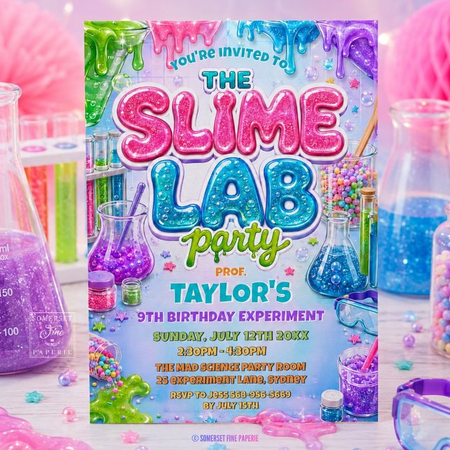 Invitation d'anniversaire pour le laboratoire de s (science party experiment slime lab birthday invitation printed card and editable template)