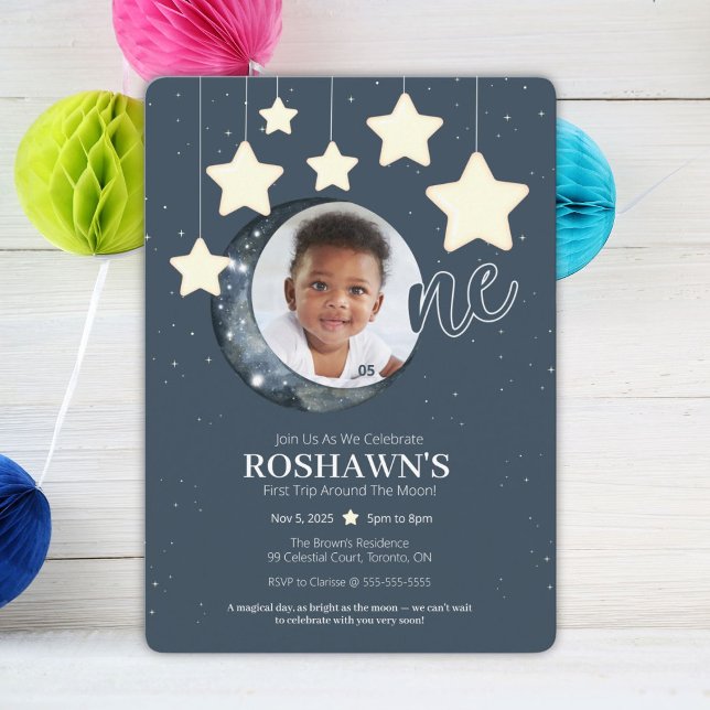 Invitation d'anniversaire pour le premier voyage a (Celebrate your little star’s first trip around the moon with this magical invitation!)