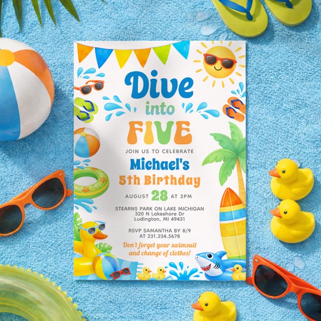 Invitation d'anniversaire pour les 5 ans d'été - P (Boy 5th Birthday Invitation - Summer Beach Pool Party - Dive into Five)