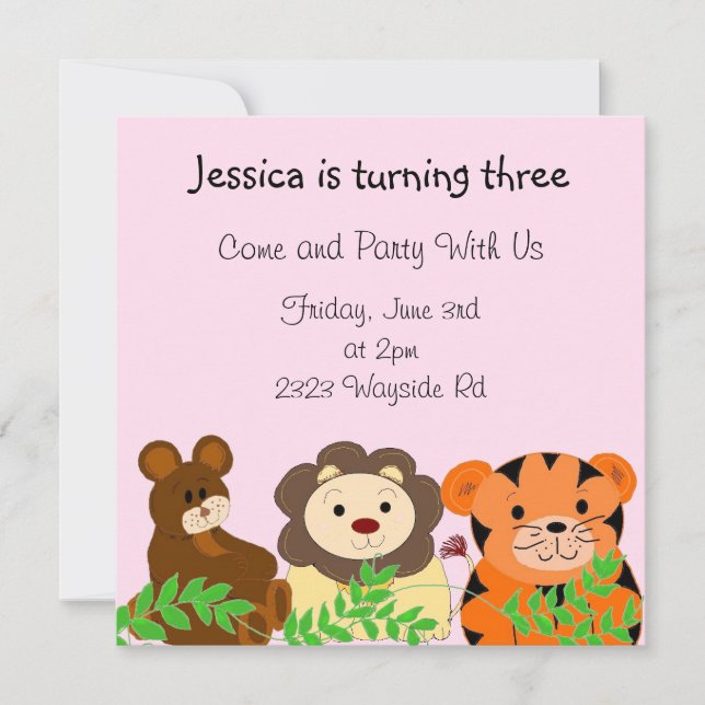 Invitation d'anniversaire pour les animaux de zoo (Devant)