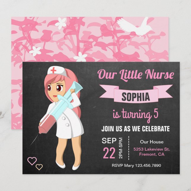 Invitation d'anniversaire pour les petites infirmi (Devant / Derrière)