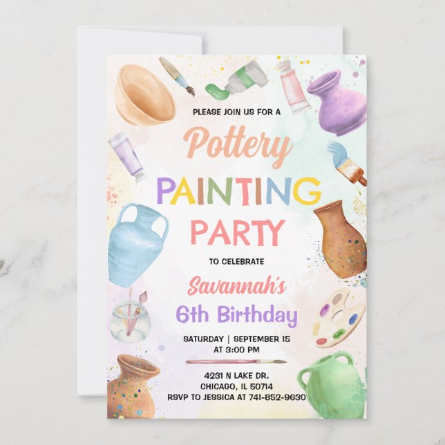 Invitation d'anniversaire pour peinture sur poteri (Devant)