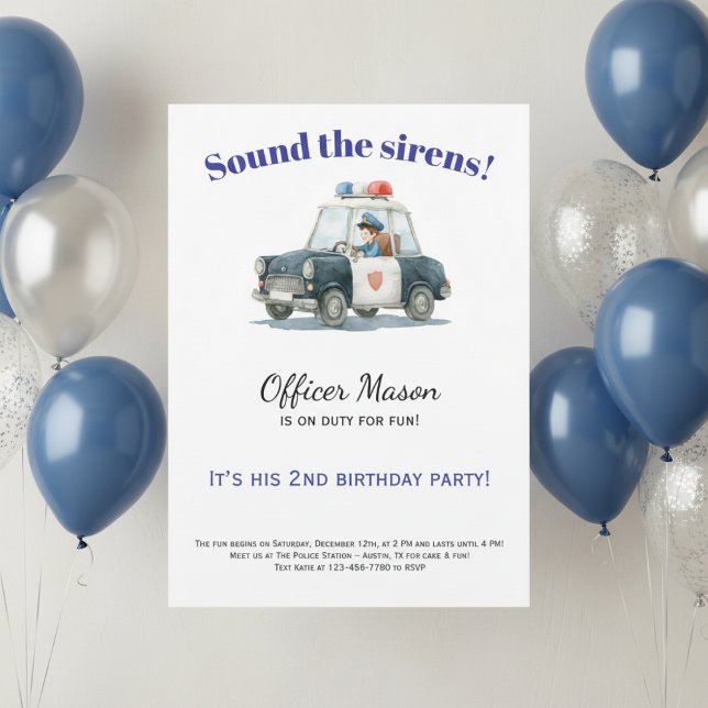 Invitation d'anniversaire pour policier • Voiture  (Watercolor police birthday invitation for boy with blue balloon decor and neutral background)