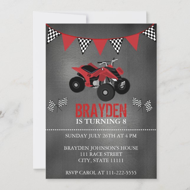 Invitation d'anniversaire pour quad à tableau noir (Devant)