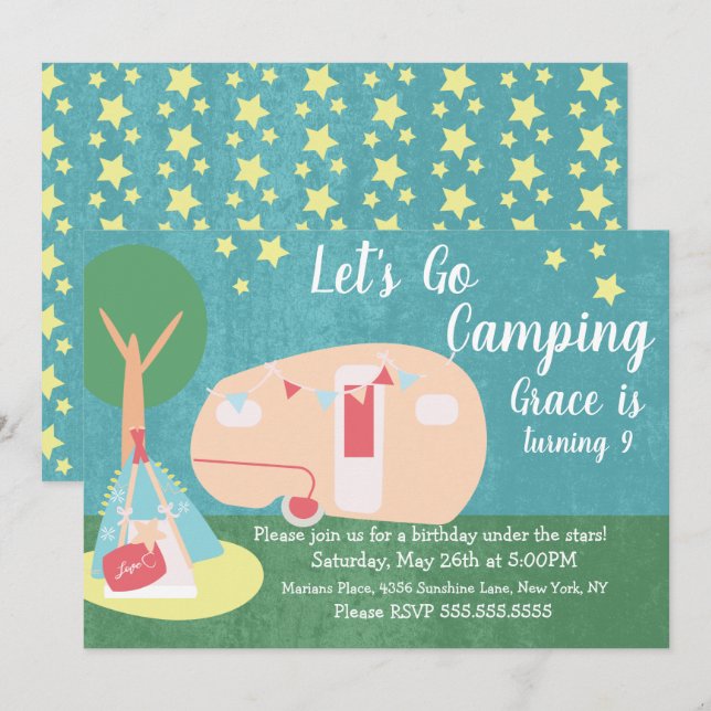 Invitation d'anniversaire pour soirée camping rétr (Devant / Derrière)