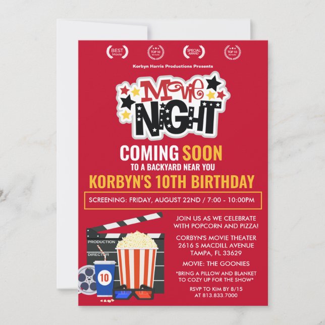 Invitation d'anniversaire pour soirée cinéma pour  (Devant)