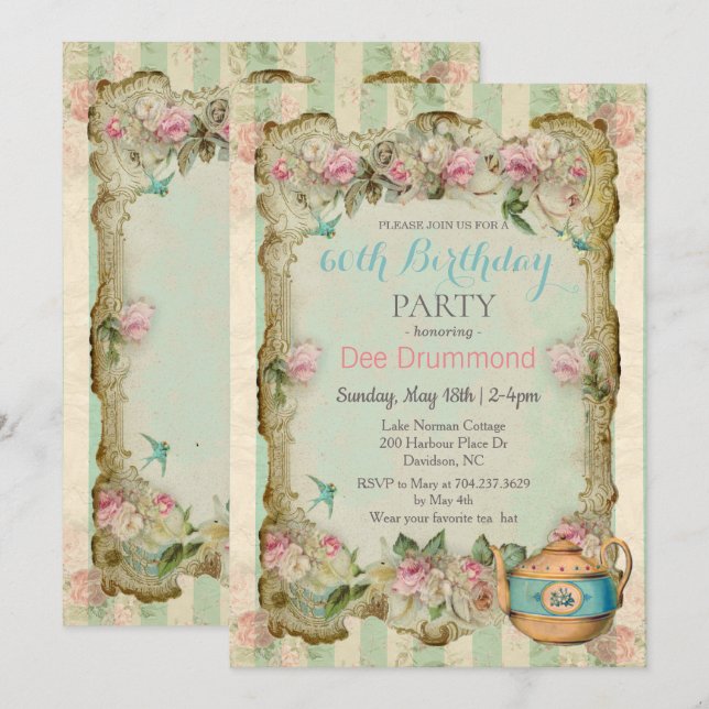 Invitation d'anniversaire pour thé floral vintage  (Devant / Derrière)