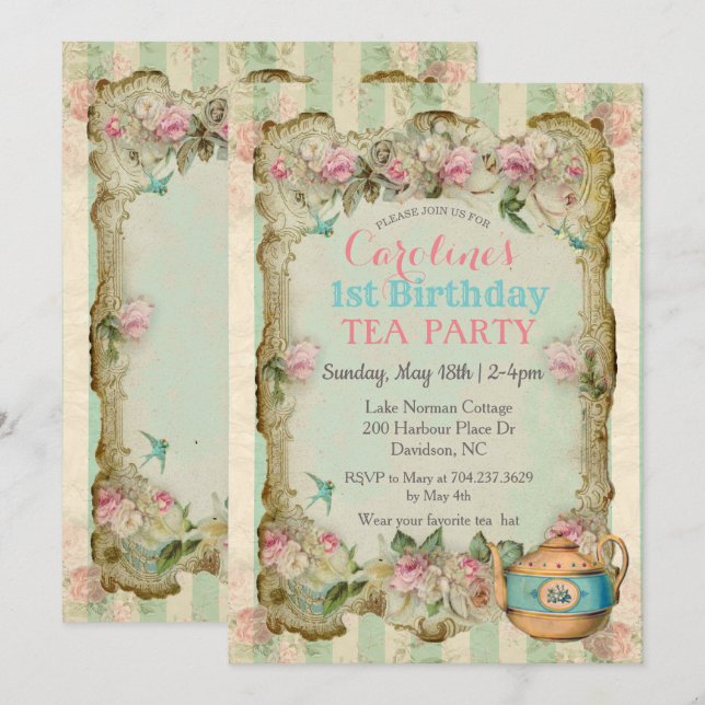 Invitation d'anniversaire pour thé floral vintage  (Devant / Derrière)