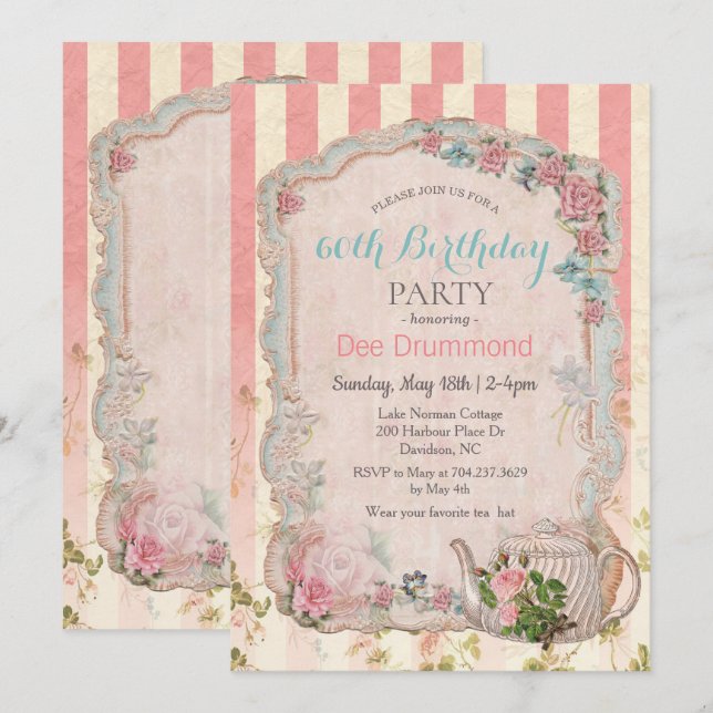 Invitation d'anniversaire pour thé floral vintage  (Devant / Derrière)