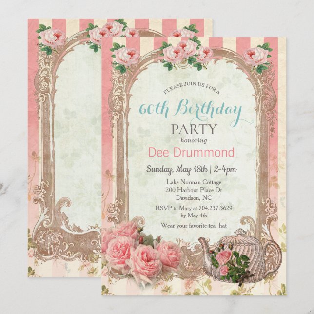 Invitation d'anniversaire pour thé floral vintage  (Devant / Derrière)
