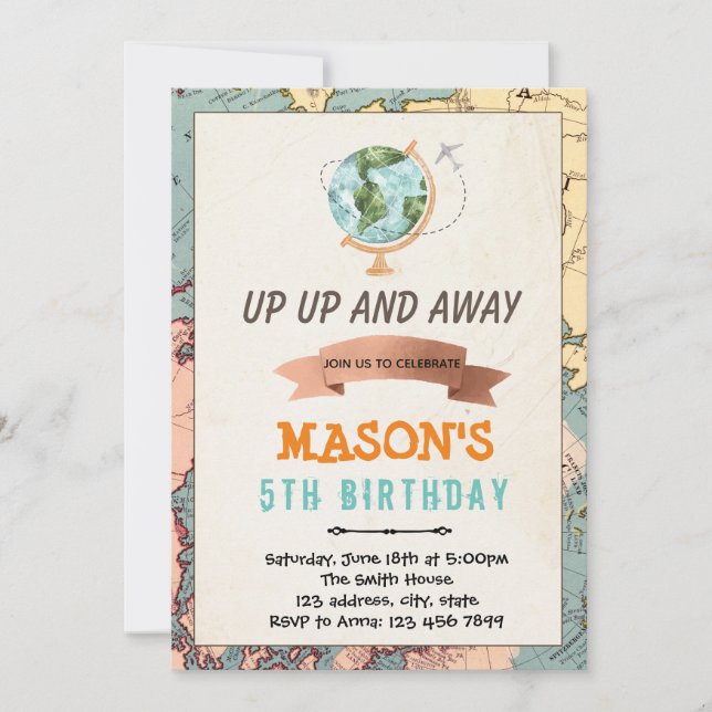 Invitation d'anniversaire pour thème de voyage (Devant)
