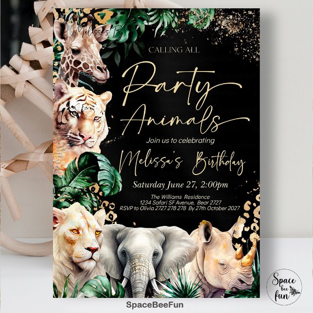 Invitation d'anniversaire pour tous les fêtards (Calling All,Party Animal,Birthday Invitation,Leopard Print, Jungle,white gold,Theme Safari,gold Safa)