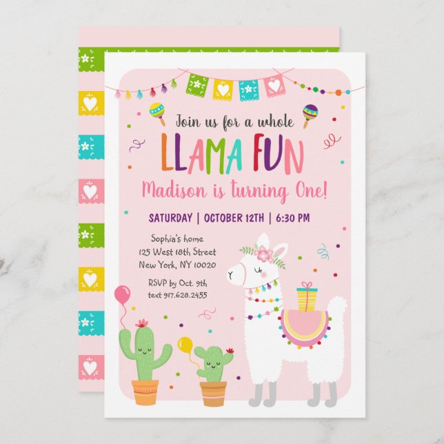 Invitation d'anniversaire pour toute la Llama Fun  (Devant / Derrière)