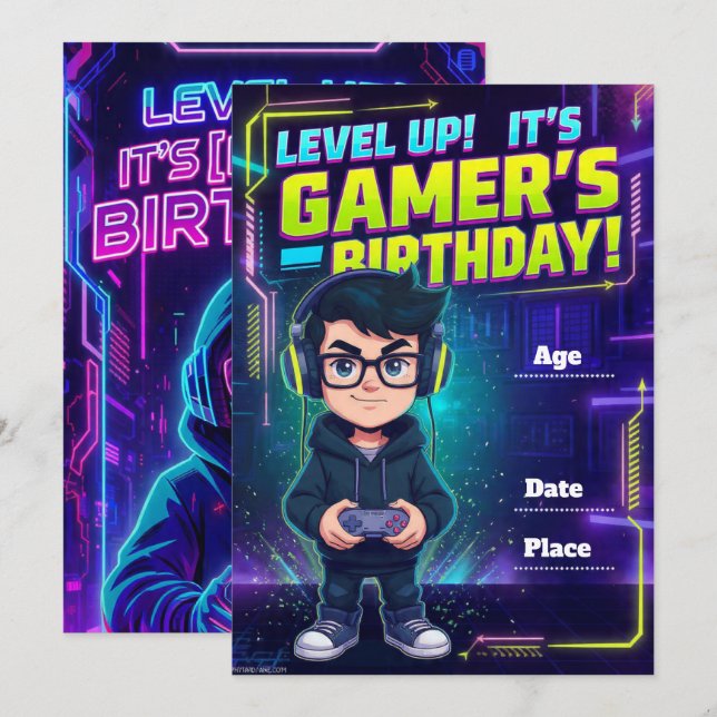 Invitation d'anniversaire pour un adolescent gamer (Devant / Derrière)
