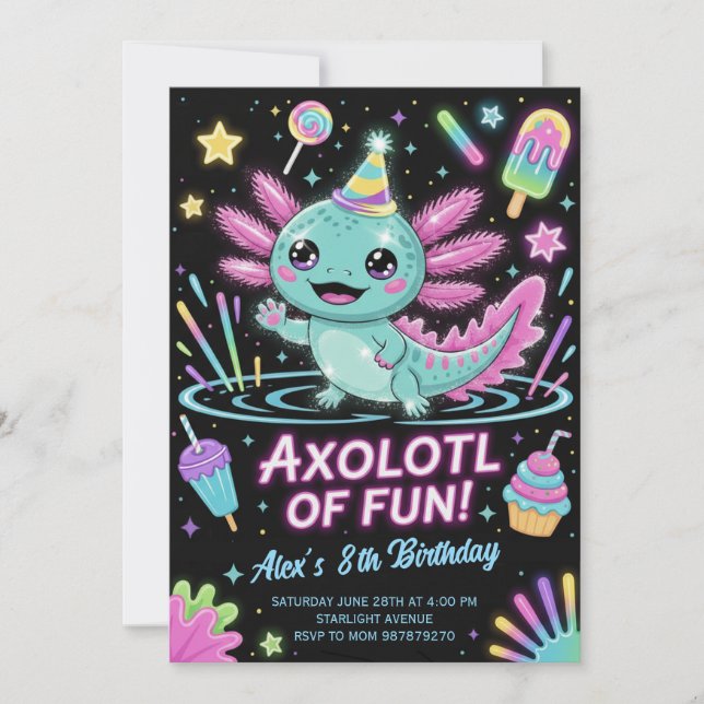 Invitation d'anniversaire pour un Axolotl mignon (Devant)