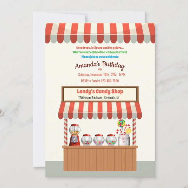 Invitation d'anniversaire pour un bar à bonbons (Devant)