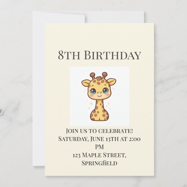 Invitation d'anniversaire pour un bébé girafe mign (Devant)