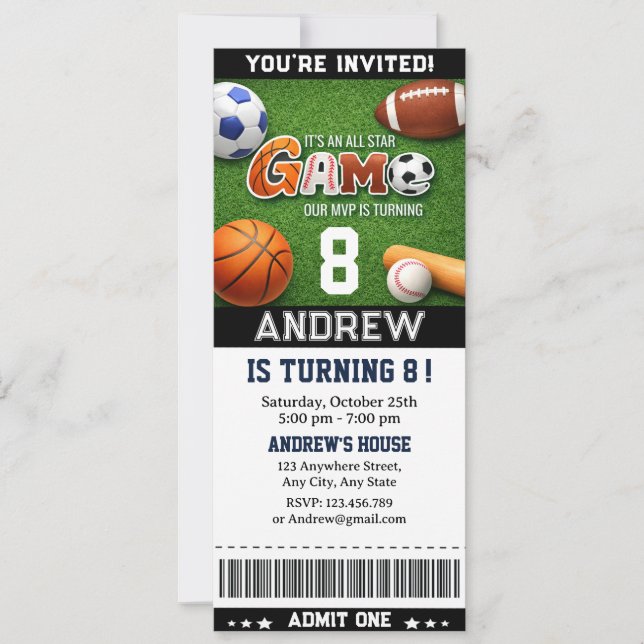 Invitation d'anniversaire pour un billet de sport  (Devant)