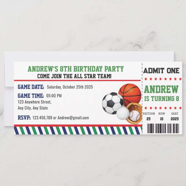 Invitation d'anniversaire pour un billet de sport  (Devant)