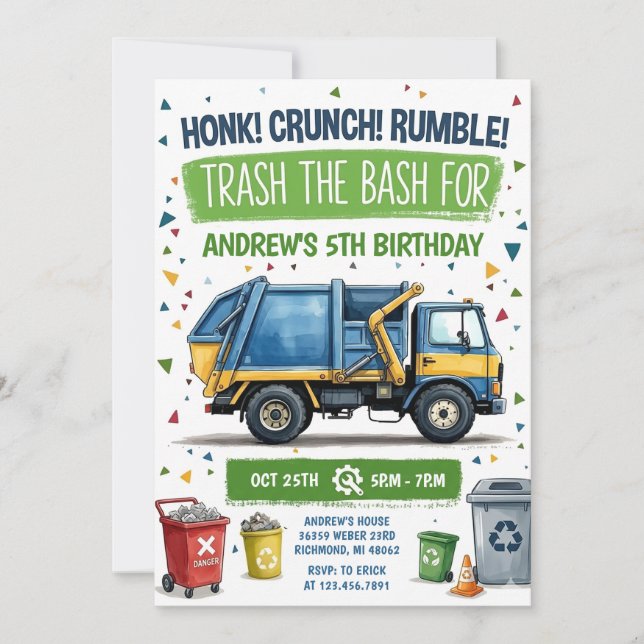 Invitation d'anniversaire pour un camion poubelle  (Devant)