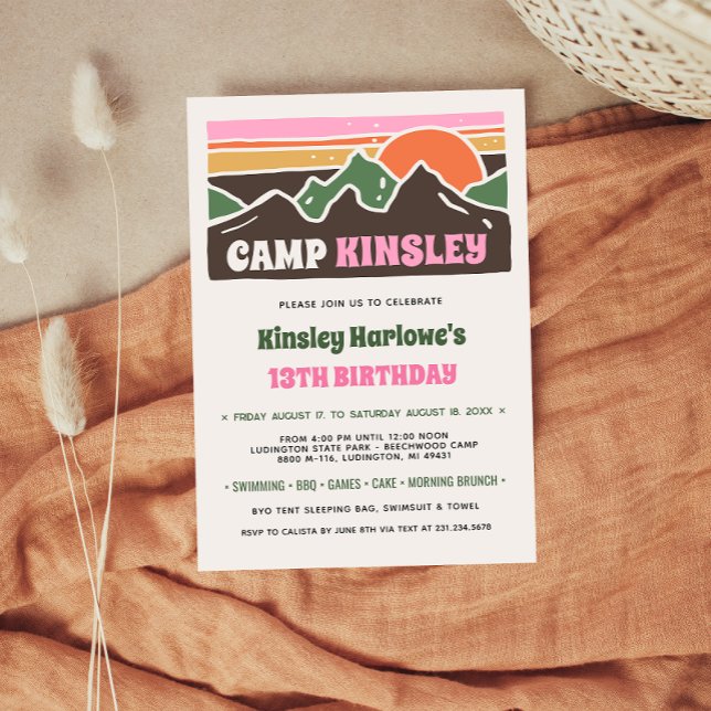 Invitation d'anniversaire pour un camp de week-end (Retro Girly Weekend Camp Birthday Invitation
)