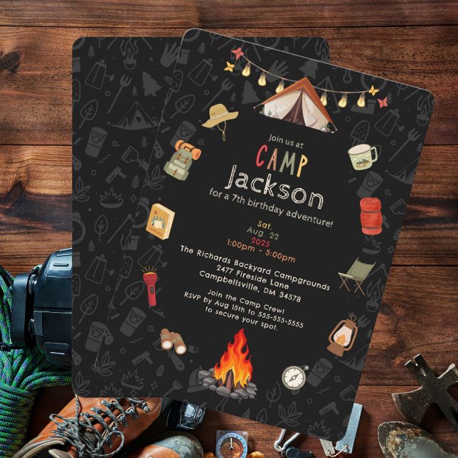 Invitation d'anniversaire pour un campement d'enfa (Enjoy an unforgettable camp birthday party with this fun invitation template.)