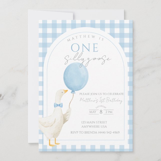Invitation d'anniversaire pour un Canard Fou 1 an (Devant)