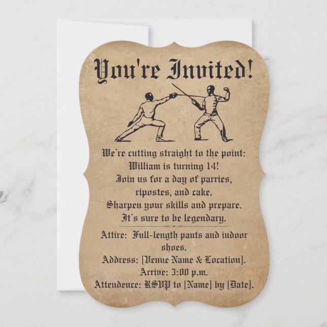 Invitation d'anniversaire pour un duel d'escrime P (Devant)