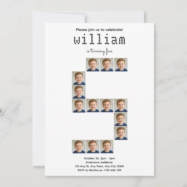 Invitation d'anniversaire pour un enfant de cinq a (Devant)