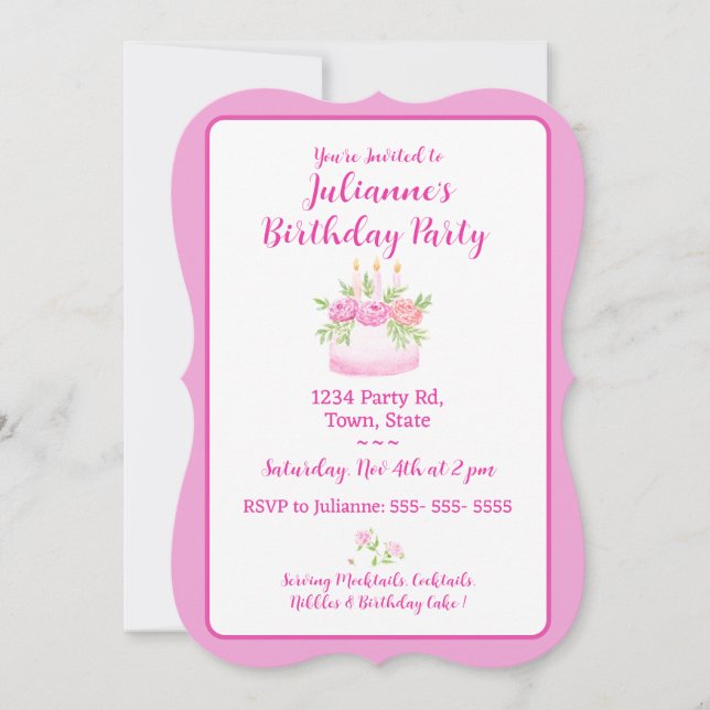 Invitation d'anniversaire pour un gâteau rose joli (Devant)