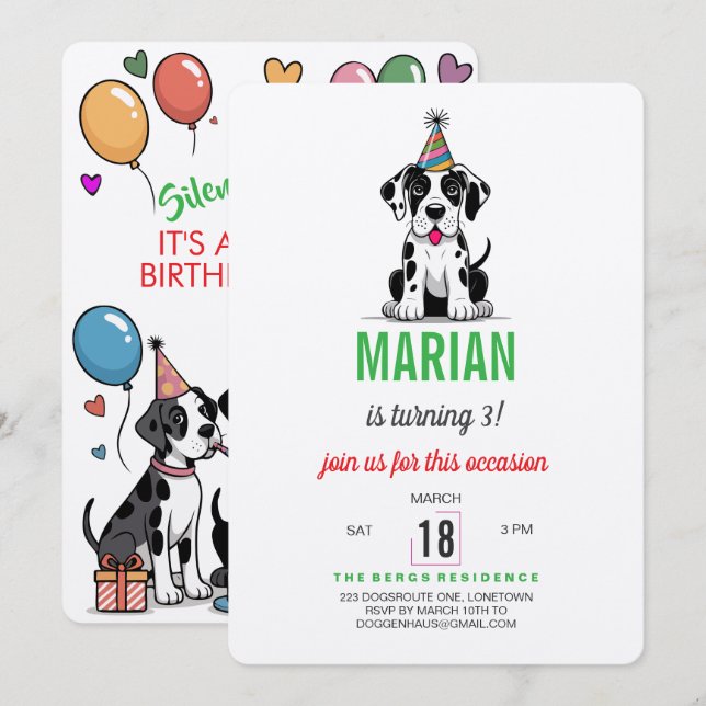 Invitation d'anniversaire pour un Grand Danois (Devant / Derrière)