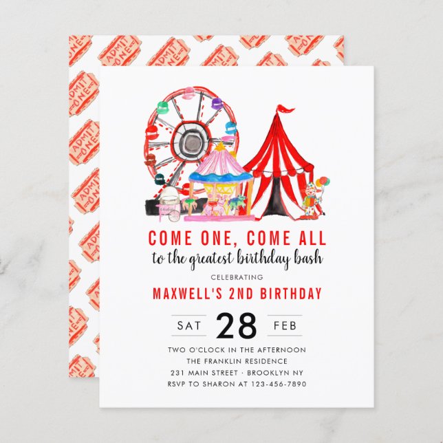 Invitation d'anniversaire pour un spectacle de cir (Devant / Derrière)
