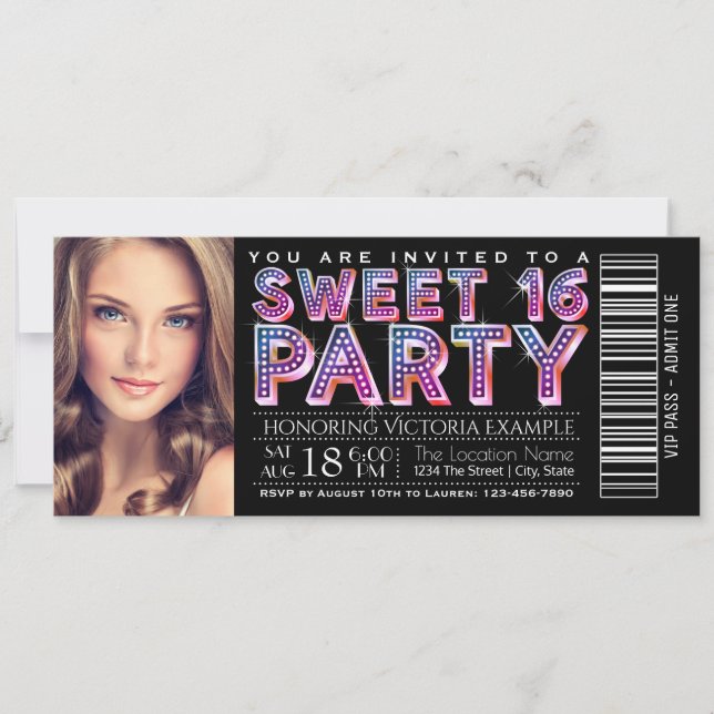 Invitation d'anniversaire pour un Sweet 16 noir (Devant)
