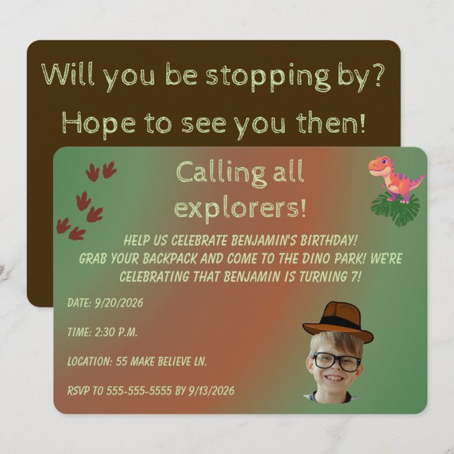 Invitation d'anniversaire pour une aventure de din (Devant / Derrière)