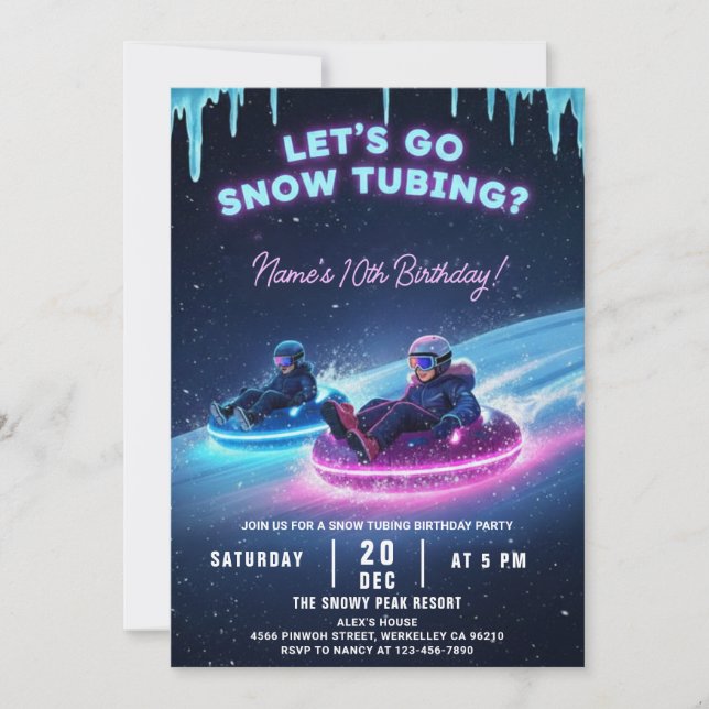 Invitation d'anniversaire pour une descente en tub (Devant)