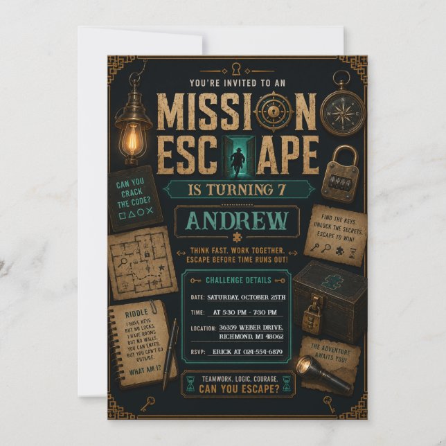 Invitation d'anniversaire pour une Escape Room num (Devant)