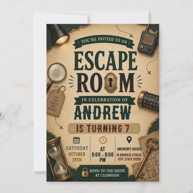 Invitation d'anniversaire pour une Escape Room per (Devant)