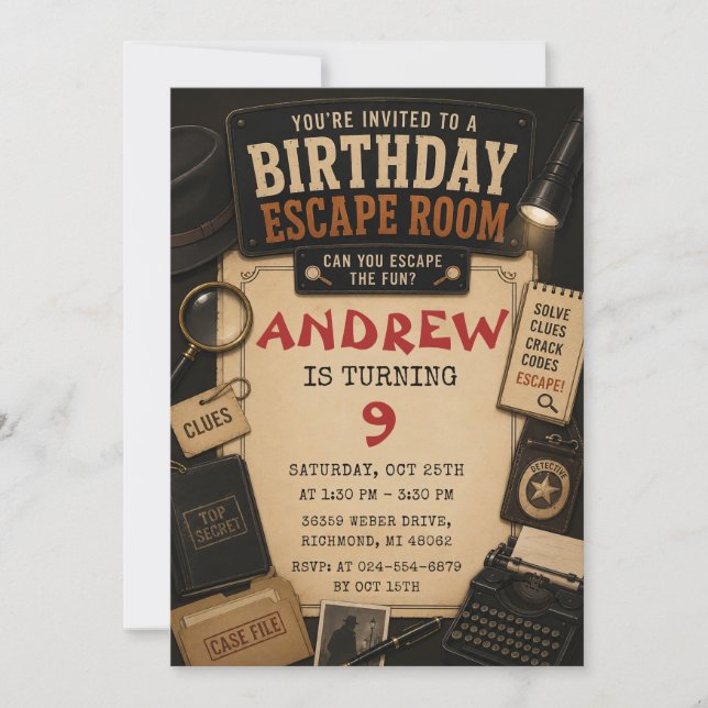 Invitation d'anniversaire pour une Escape Room per (Devant)