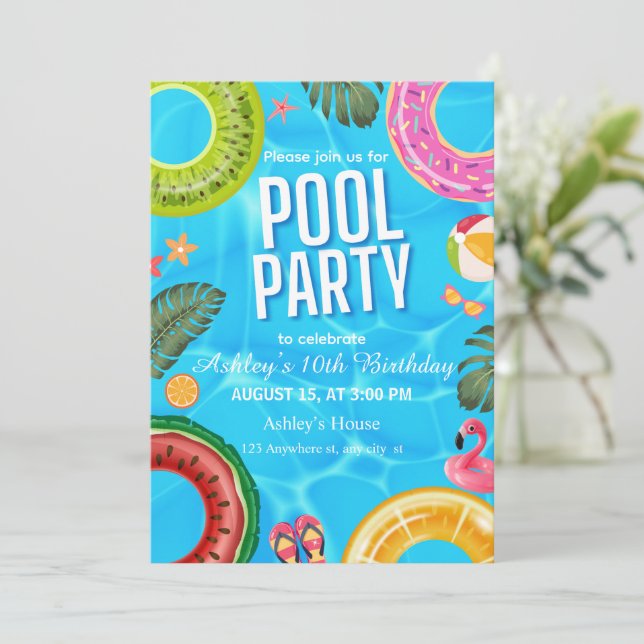 Invitation d'anniversaire pour une fête à la pisci (Debout devant)