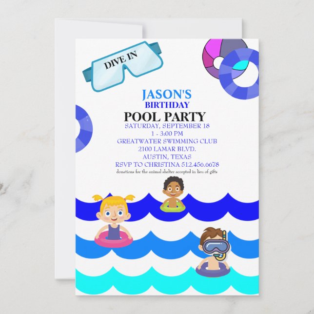 Invitation d'anniversaire pour une fête à la pisci (Devant)
