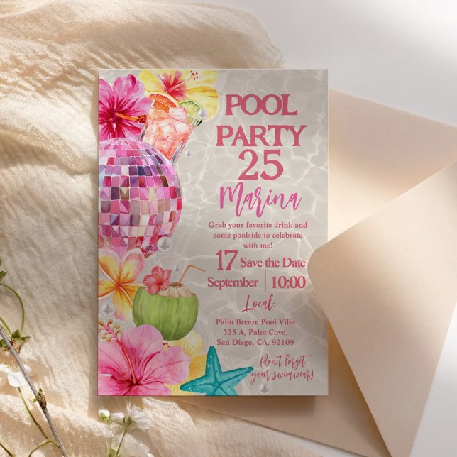 Invitation d'anniversaire pour une fête au bord de (Summer Disco Luau Pool Party Birthday Invitation)
