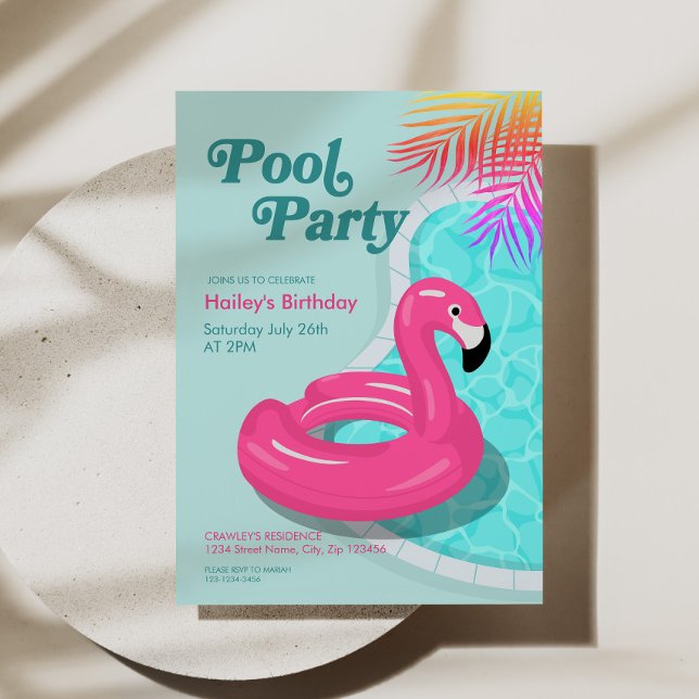 Invitation d'anniversaire pour une fête au bord de (Flamingo Pool Party Birthday Invite Pink)