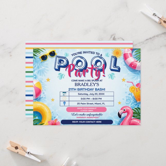 Invitation d'anniversaire pour une fête au bord de (Devant/Arrière en situation)