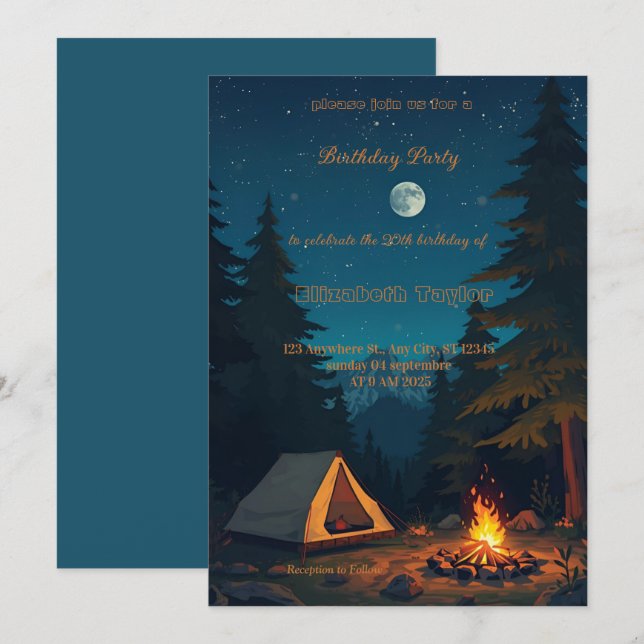 Invitation d'anniversaire pour une fête de camping (Devant / Derrière)