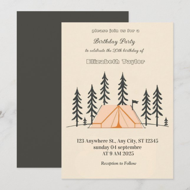 Invitation d'anniversaire pour une fête de camping (Devant / Derrière)