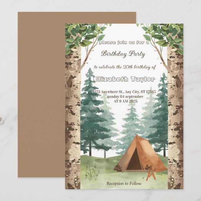 Invitation d'anniversaire pour une fête de camping (Devant / Derrière)