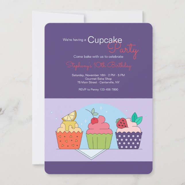 Invitation d'anniversaire pour une fête de Cupcake (Devant)