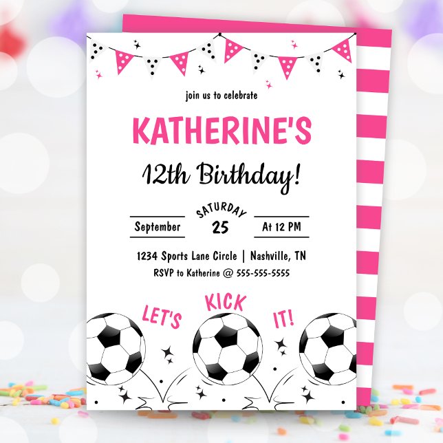 Invitation d'anniversaire pour une fête de footbal (Pink Girls Soccer Party Birthday Invitation)