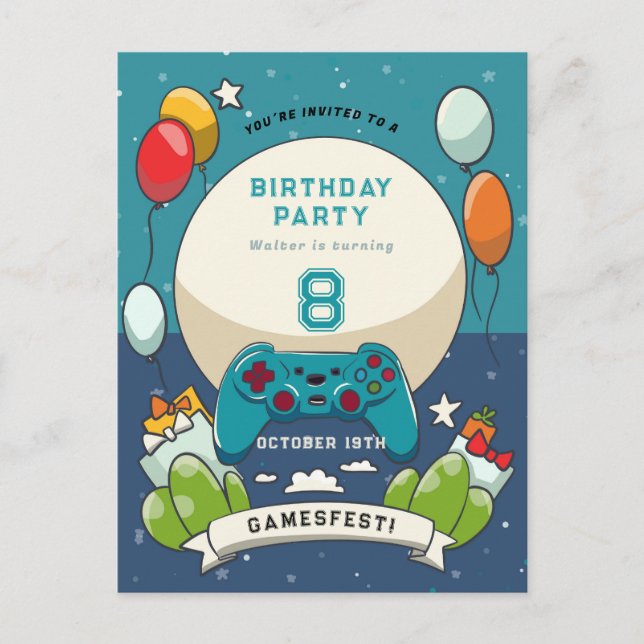 Invitation d'anniversaire pour une fête de jeux po (Devant)