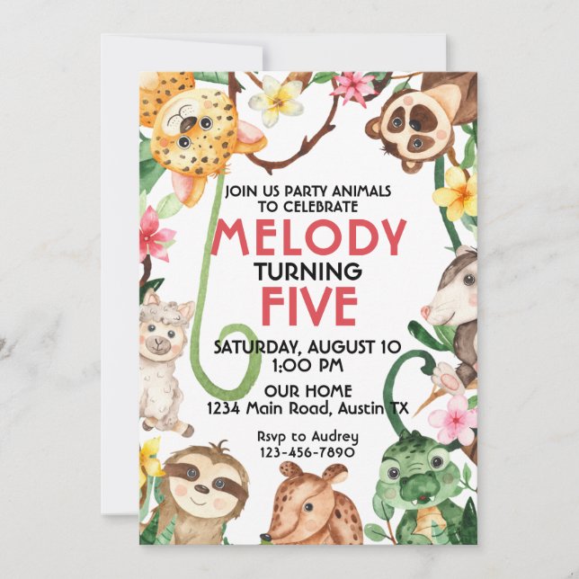 Invitation d'anniversaire pour une fête de jungle  (Devant)